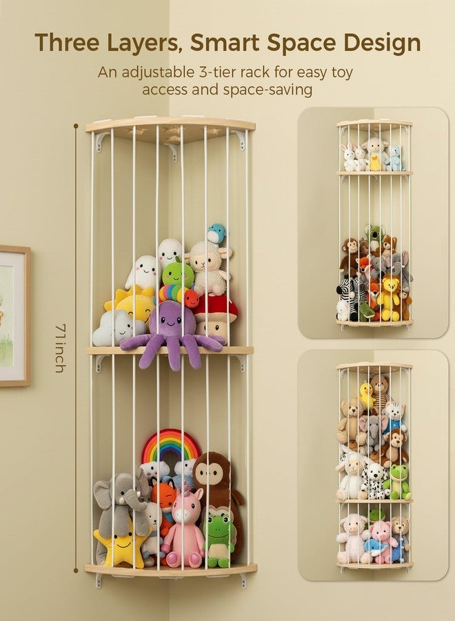 Feagar Three Tier Stuffed Animal Storage Wood Corner Plush Toys Holder, Adjustable Hanging Stuffed Animal Organizer Shelf for Nursery Playroom Bedroom - Image 2
